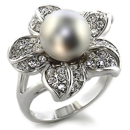 JCE108 Rhodium Brass Ring with Synthetic Pearl in Gray