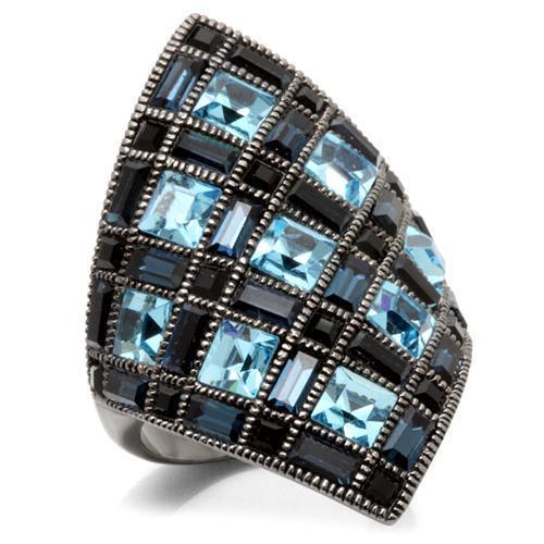 JCE235 Ruthenium Brass Ring with Top Grade Crystal  in Sea Blue