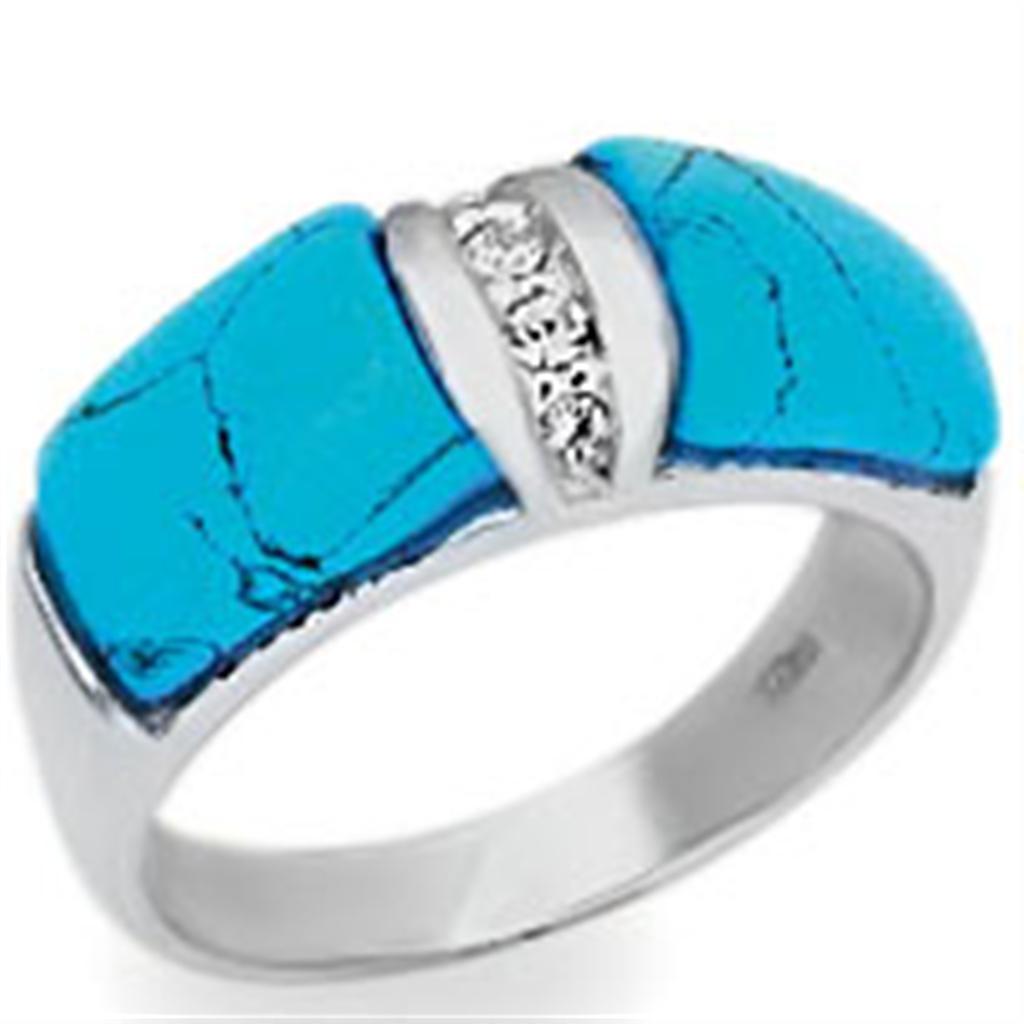 JCE611 High-Polished 925 Sterling Silver Ring with Synthetic Turquoise in Sea Blue