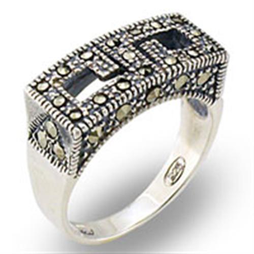 JCE002 Antique Tone 925 Sterling Silver Ring with Semi-Precious Marcasite in Jet