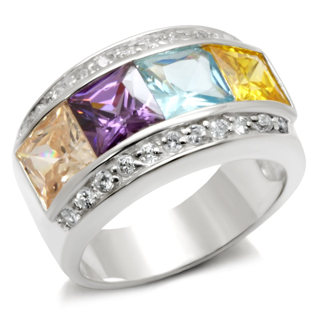 JCE919 High-Polished 925 Sterling Silver Ring with AAA Grade CZ  in Multi Color