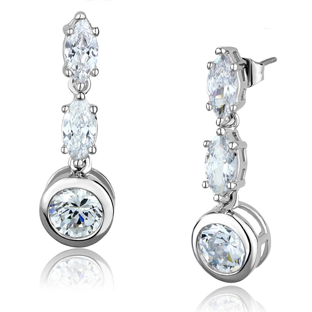 JCE1060 Rhodium Brass Earrings with AAA Grade CZ in Clear