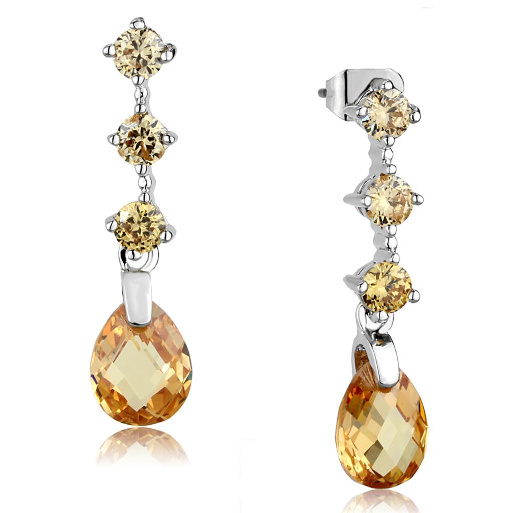 JCE1063 Rhodium Brass Earrings with AAA Grade CZ in Champagne