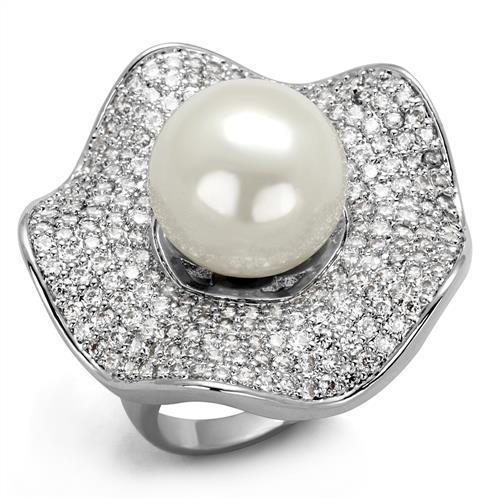 JCE1080 Rhodium Brass Ring with Synthetic Pearl in White