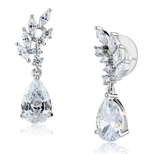 JCE1282 Rhodium Brass Earrings with AAA Grade CZ in Clear