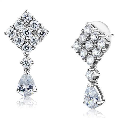 JCE1288 Rhodium Brass Earrings with AAA Grade CZ in Clear