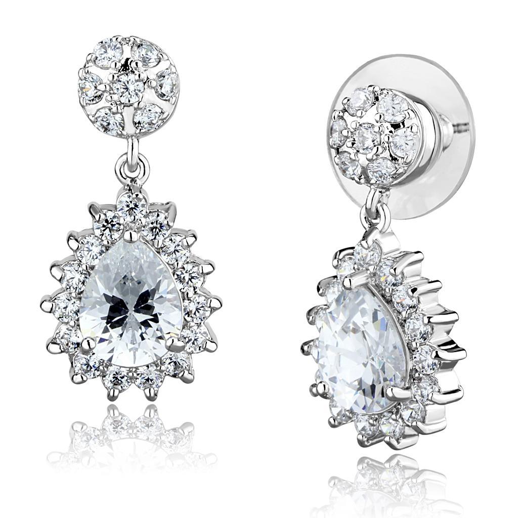 JCE1292 Rhodium Brass Earrings with AAA Grade CZ in Clear