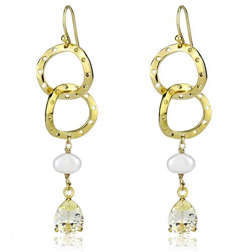 JCE1312 Gold Brass Earrings with Semi-Precious Pearl in White