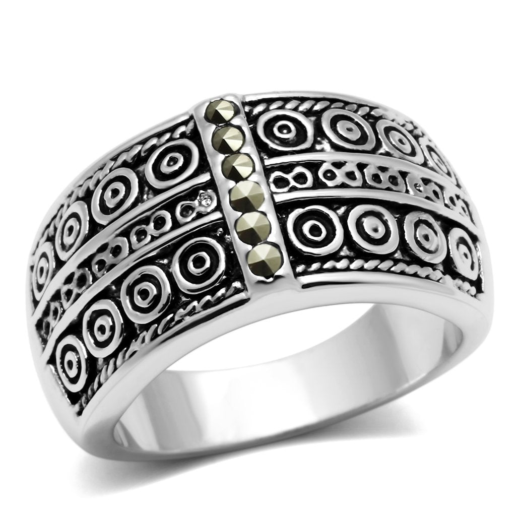 JCE239 Rhodium Brass Ring with Semi-Precious Marcasite in Black Diamond