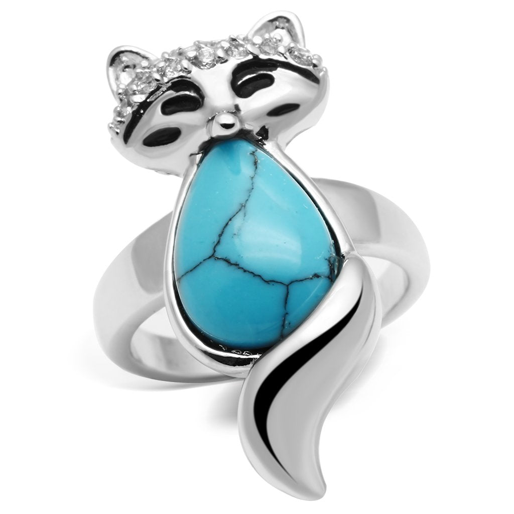 JCE295 Rhodium Brass Ring with Synthetic Turquoise in Sea Blue
