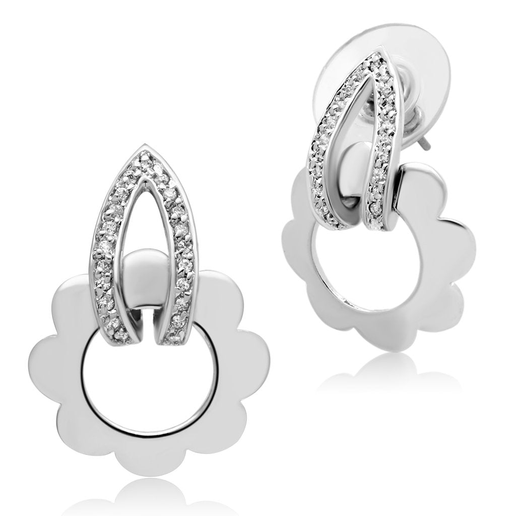 JCE302 Rhodium Brass Earrings with AAA Grade CZ in Clear