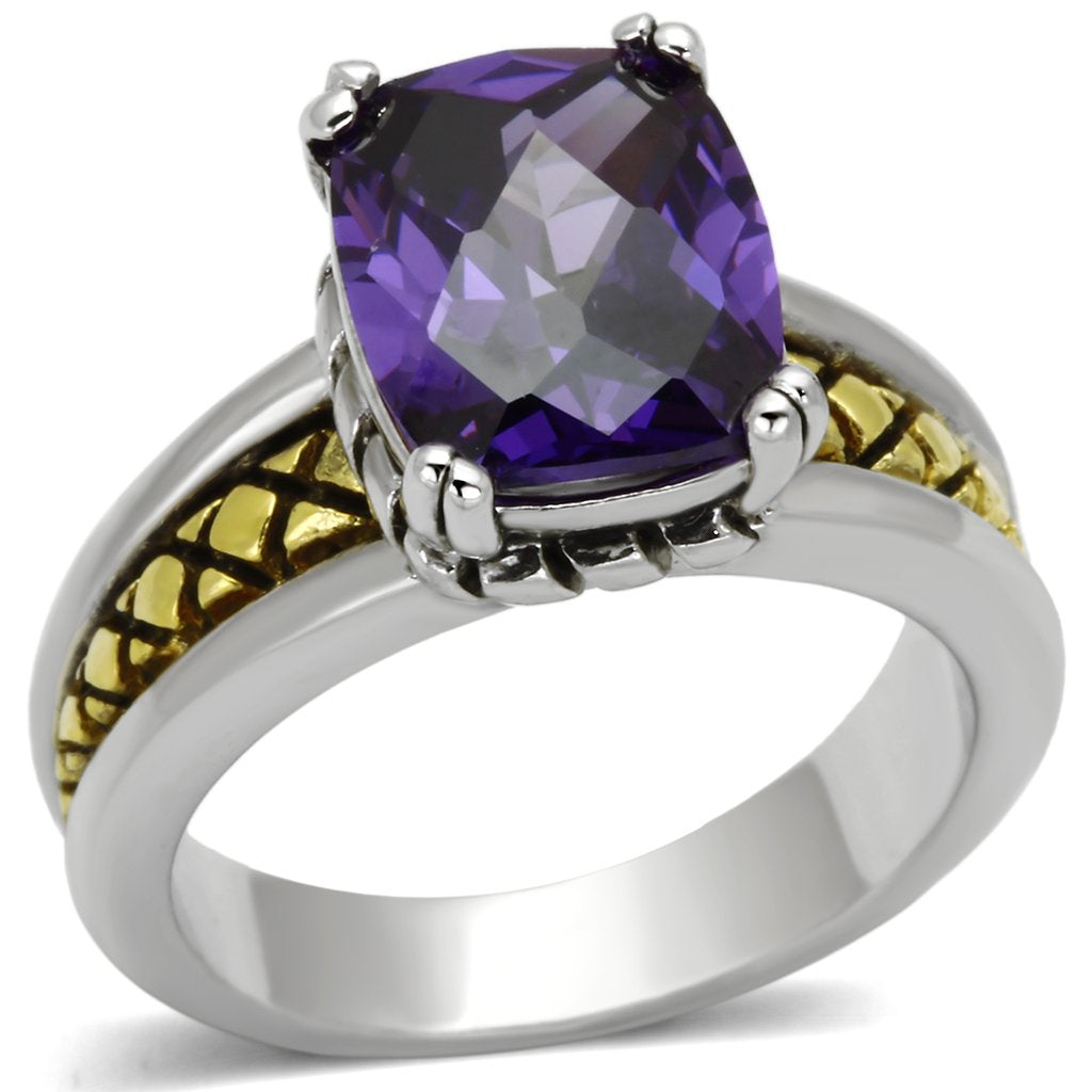 JCE331 Reverse Two-Tone Brass Ring with AAA Grade CZ  in Amethyst