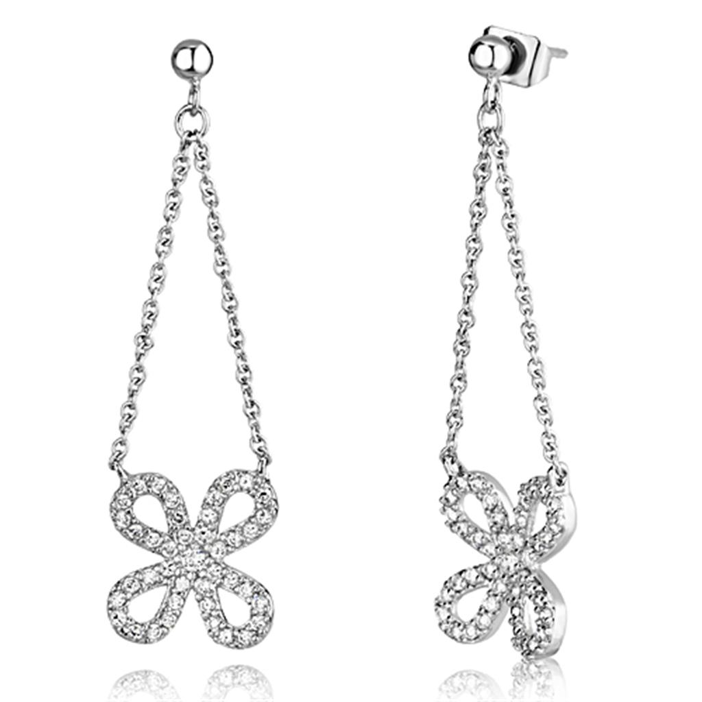 JCE354 Rhodium Brass Earrings with AAA Grade CZ in Clear