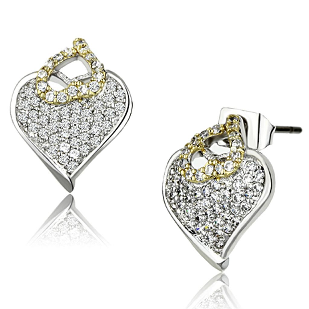 JCE356 Reverse Two-Tone Brass Earrings with AAA Grade CZ in Clear