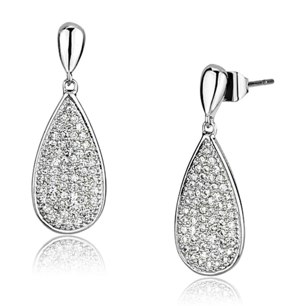 JCE380 Rhodium Brass Earrings with AAA Grade CZ in Clear