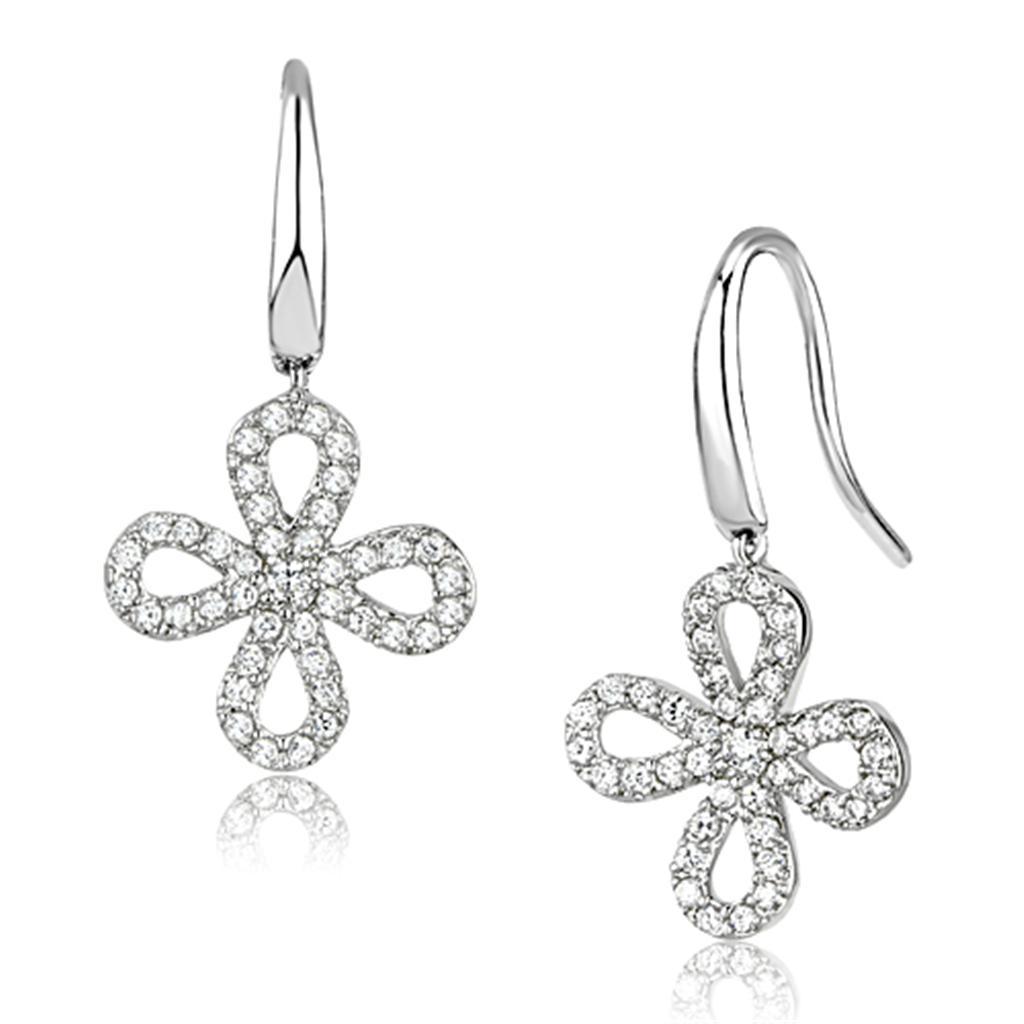 JCE382 Rhodium Brass Earrings with AAA Grade CZ in Clear