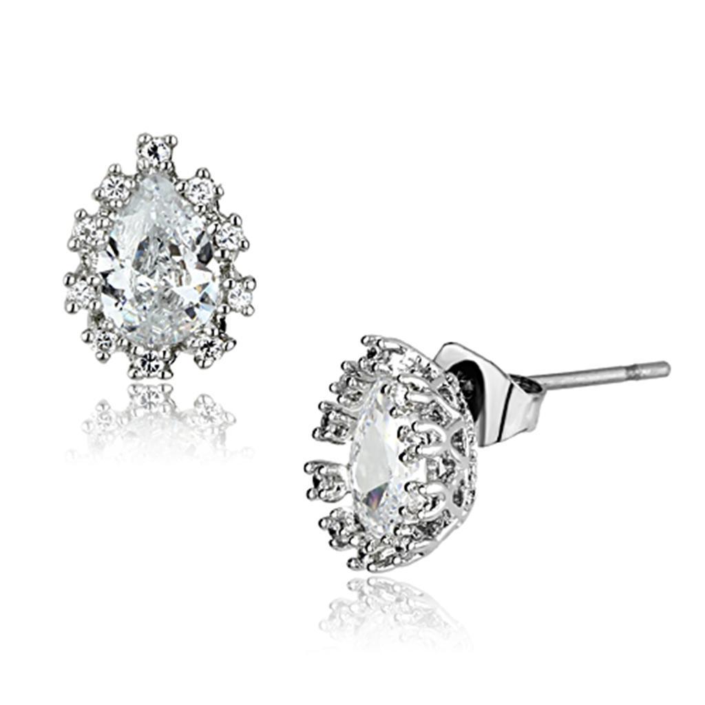 JCE386 Rhodium Brass Earrings with AAA Grade CZ in Clear