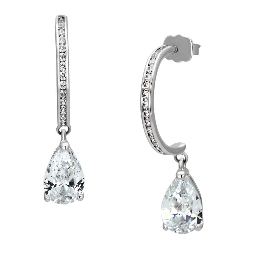 JCE529 Rhodium Brass Earrings with AAA Grade CZ in Clear