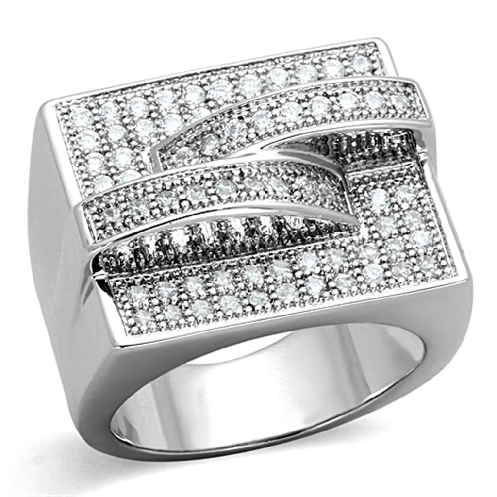 JCE562 Rhodium Brass Ring with AAA Grade CZ  in Clear
