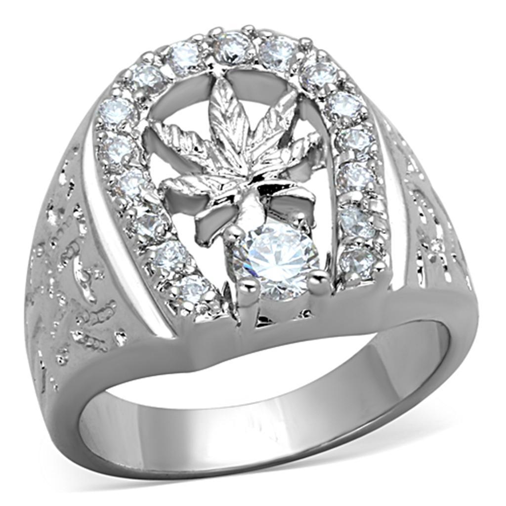 JCE595 Rhodium Brass Ring with AAA Grade CZ  in Clear