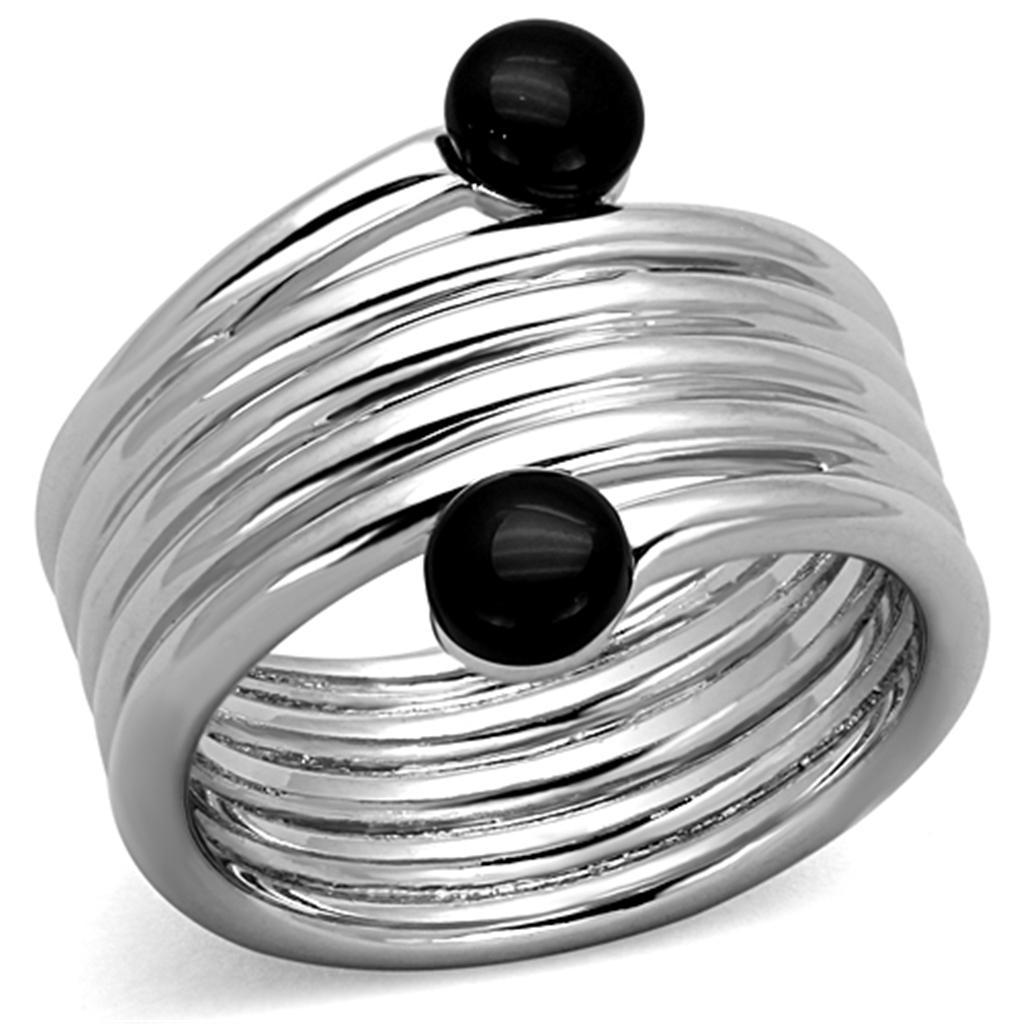 JCE602 Rhodium Brass Ring with Synthetic Onyx in Jet