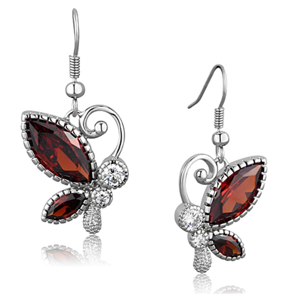 JCE613 Rhodium Brass Earrings with AAA Grade CZ in Garnet