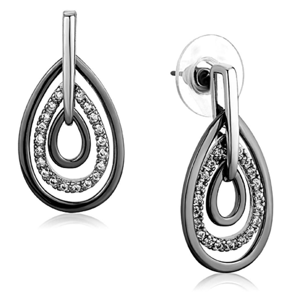 JCE616 Rhodium + Ruthenium Brass Earrings with AAA Grade CZ in Clear