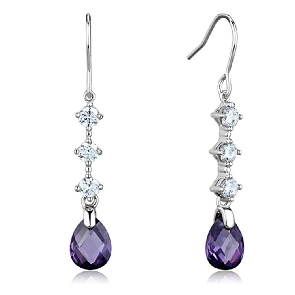 JCE635 Rhodium Brass Earrings with AAA Grade CZ in Amethyst