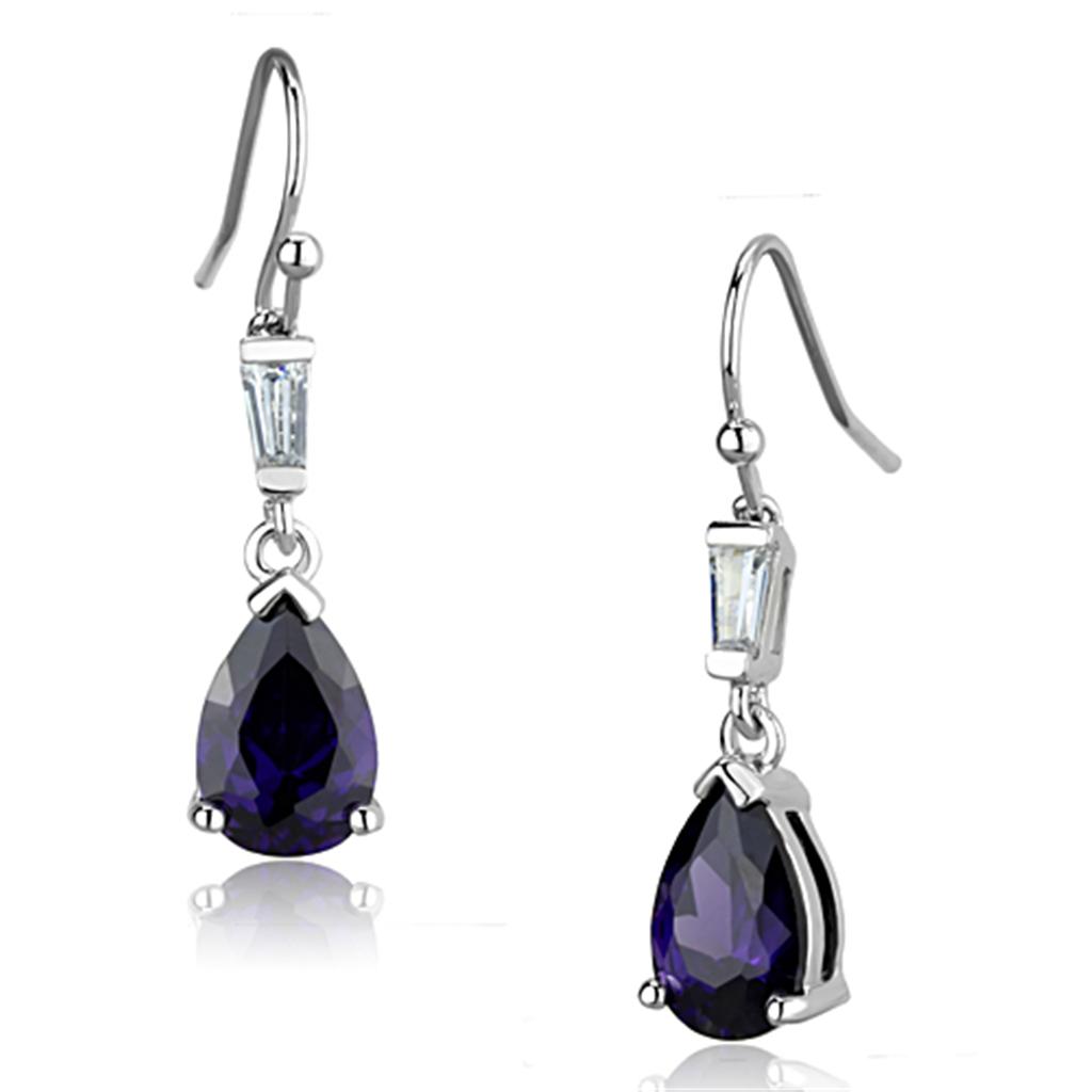 JCE648 Rhodium Brass Earrings with AAA Grade CZ in Amethyst