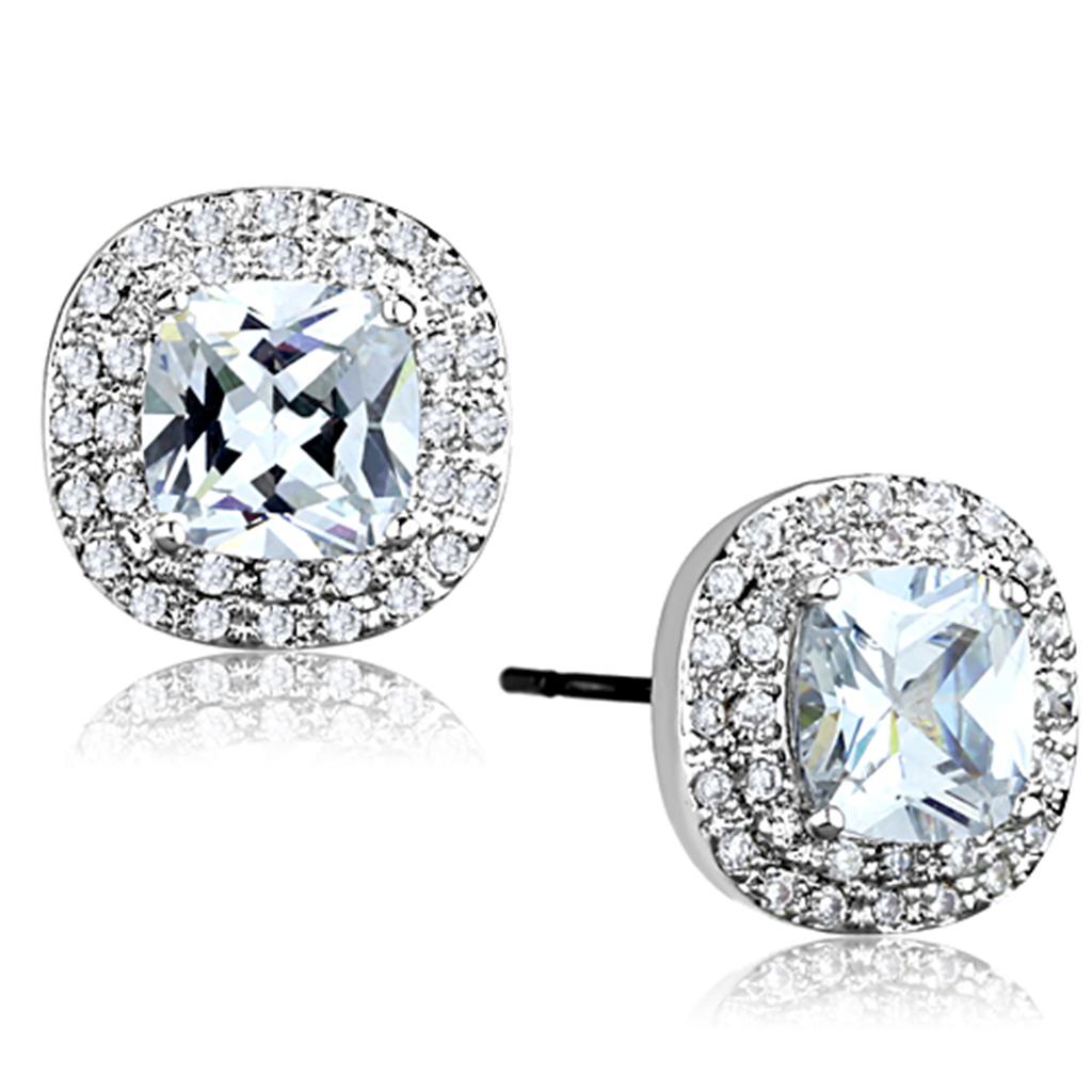 JCE651 Rhodium Brass Earrings with AAA Grade CZ in Clear