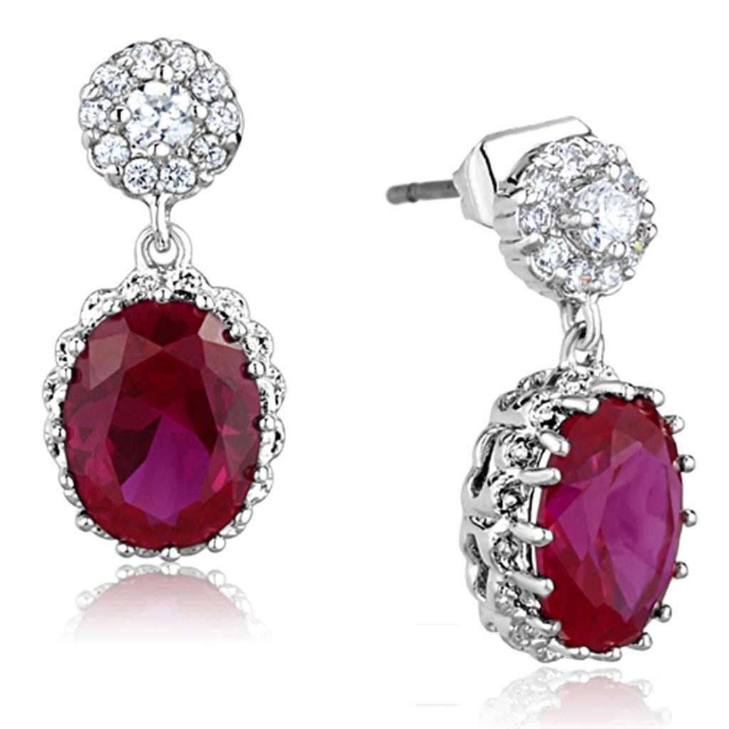 JCE653 Rhodium Brass Earrings with AAA Grade CZ in Ruby