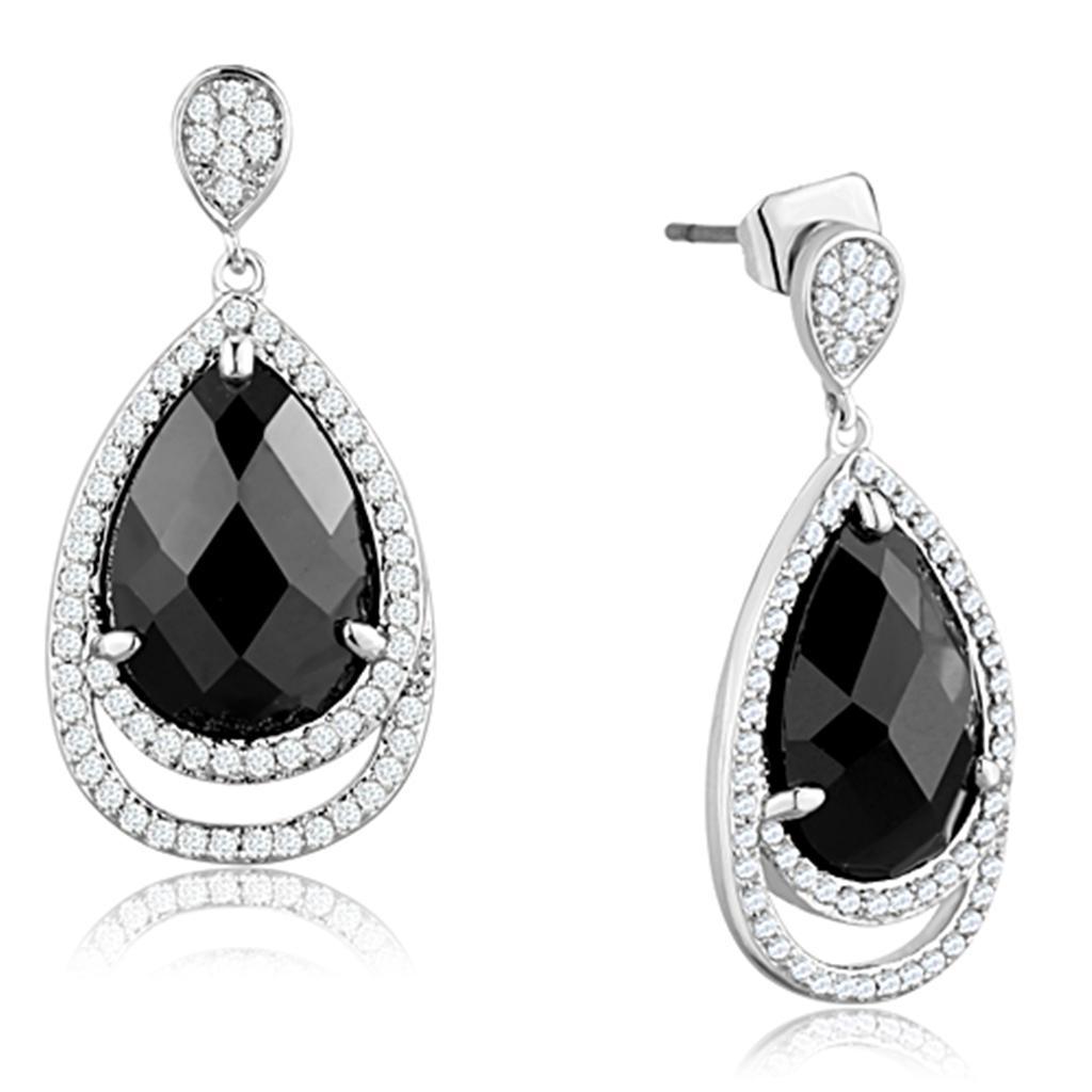 JCE658 Rhodium Brass Earrings with AAA Grade CZ in Jet