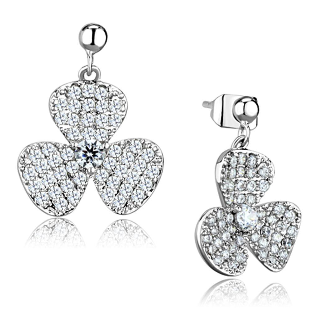 JCE662 Rhodium Brass Earrings with AAA Grade CZ in Clear