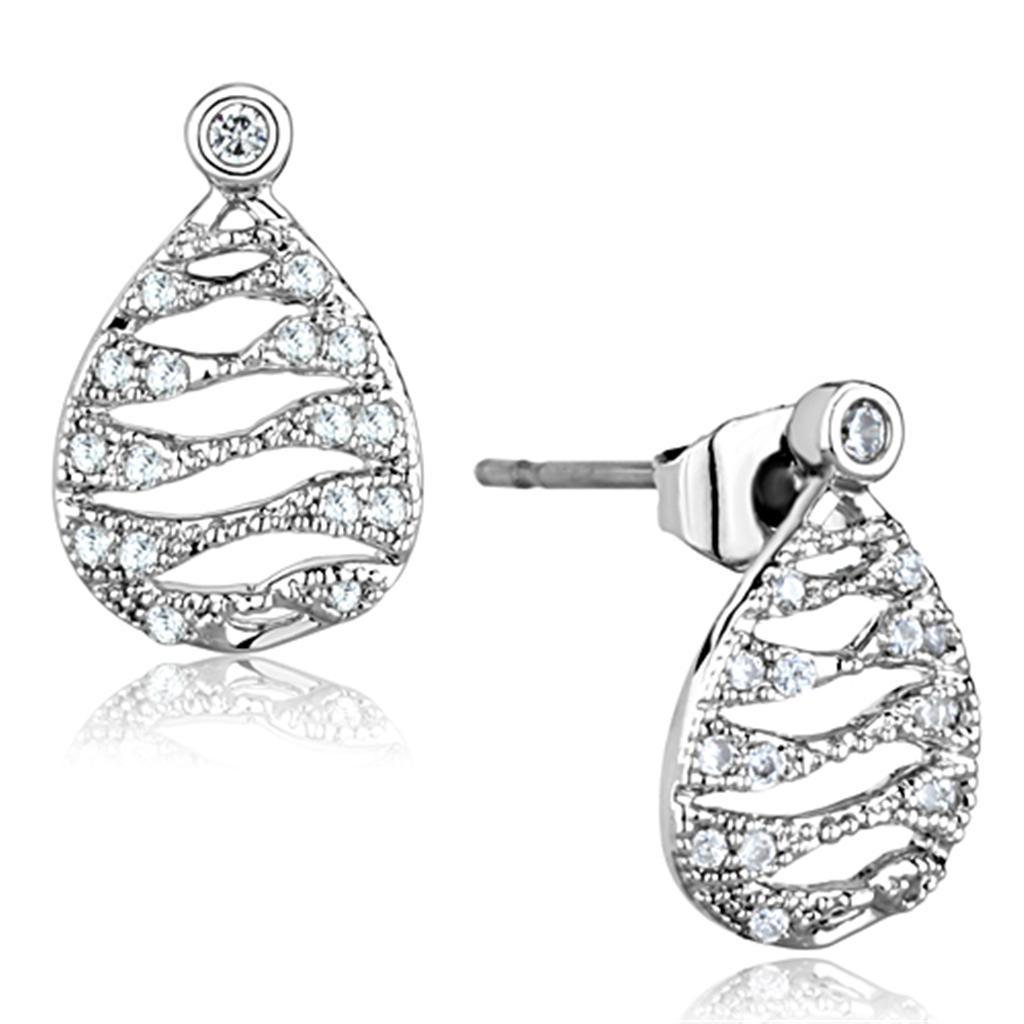 JCE664 Rhodium Brass Earrings with AAA Grade CZ in Clear