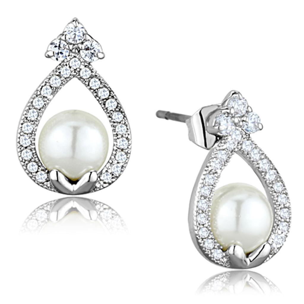 JCE665 Rhodium Brass Earrings with Synthetic Pearl in White