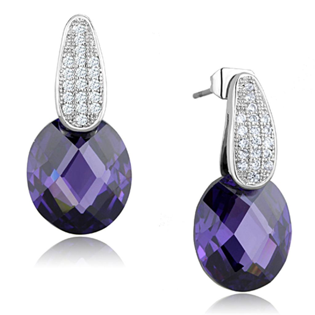 JCE667 Rhodium Brass Earrings with AAA Grade CZ in Amethyst