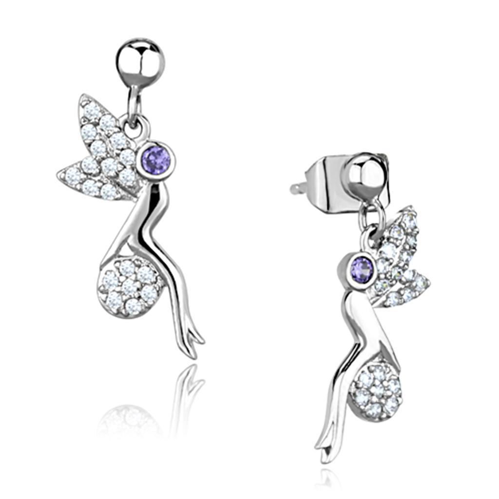 JCE670 Rhodium Brass Earrings with AAA Grade CZ in Amethyst