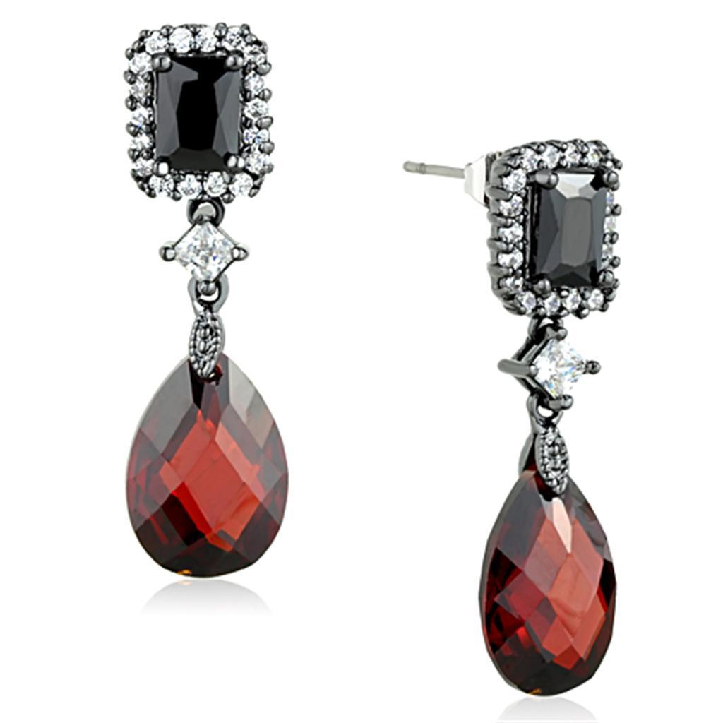 JCE704 Ruthenium Brass Earrings with AAA Grade CZ in Garnet