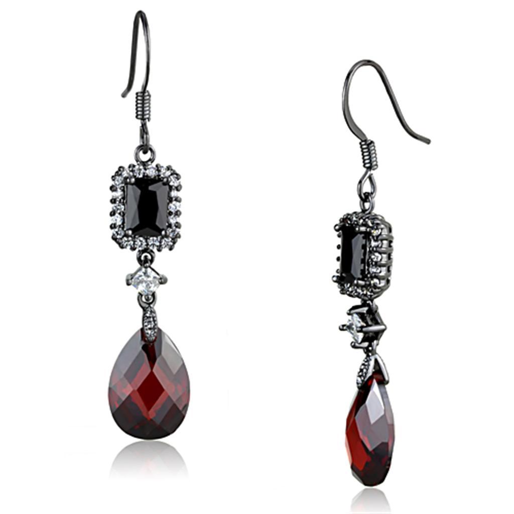 JCE706 Ruthenium Brass Earrings with AAA Grade CZ in Garnet