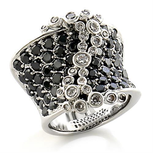 JCE139 Rhodium Brass Ring with AAA Grade CZ  in Jet