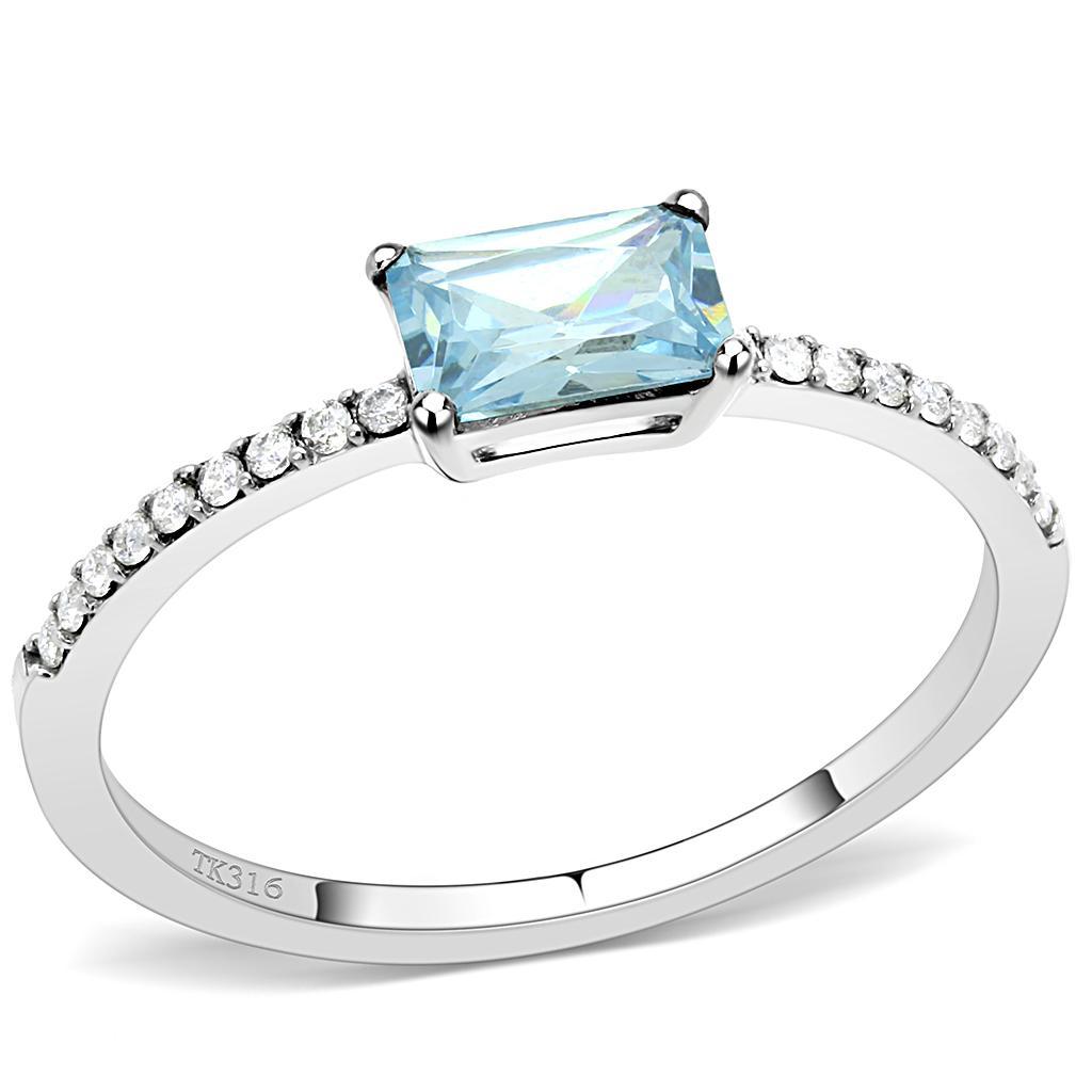 JCE011 High polished (no plating) Stainless Steel Ring with AAA Grade CZ  in Sea Blue