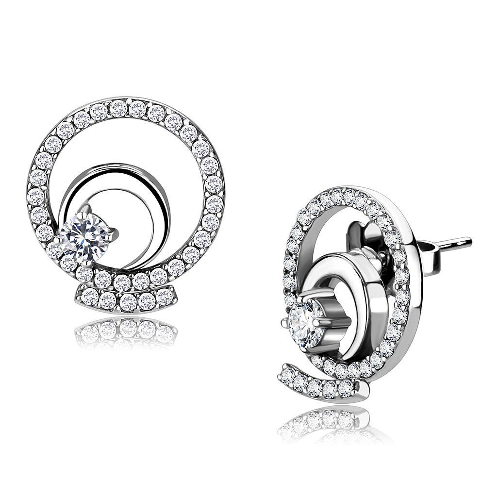 JCE069 High polished (no plating) Stainless Steel Earrings with AAA Grade CZ in Clear