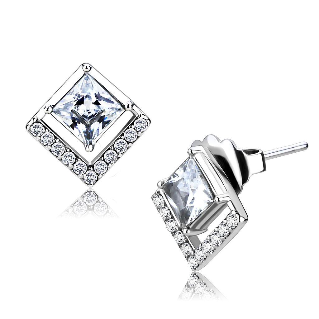 JCE071 High polished (no plating) Stainless Steel Earrings with AAA Grade CZ in Clear