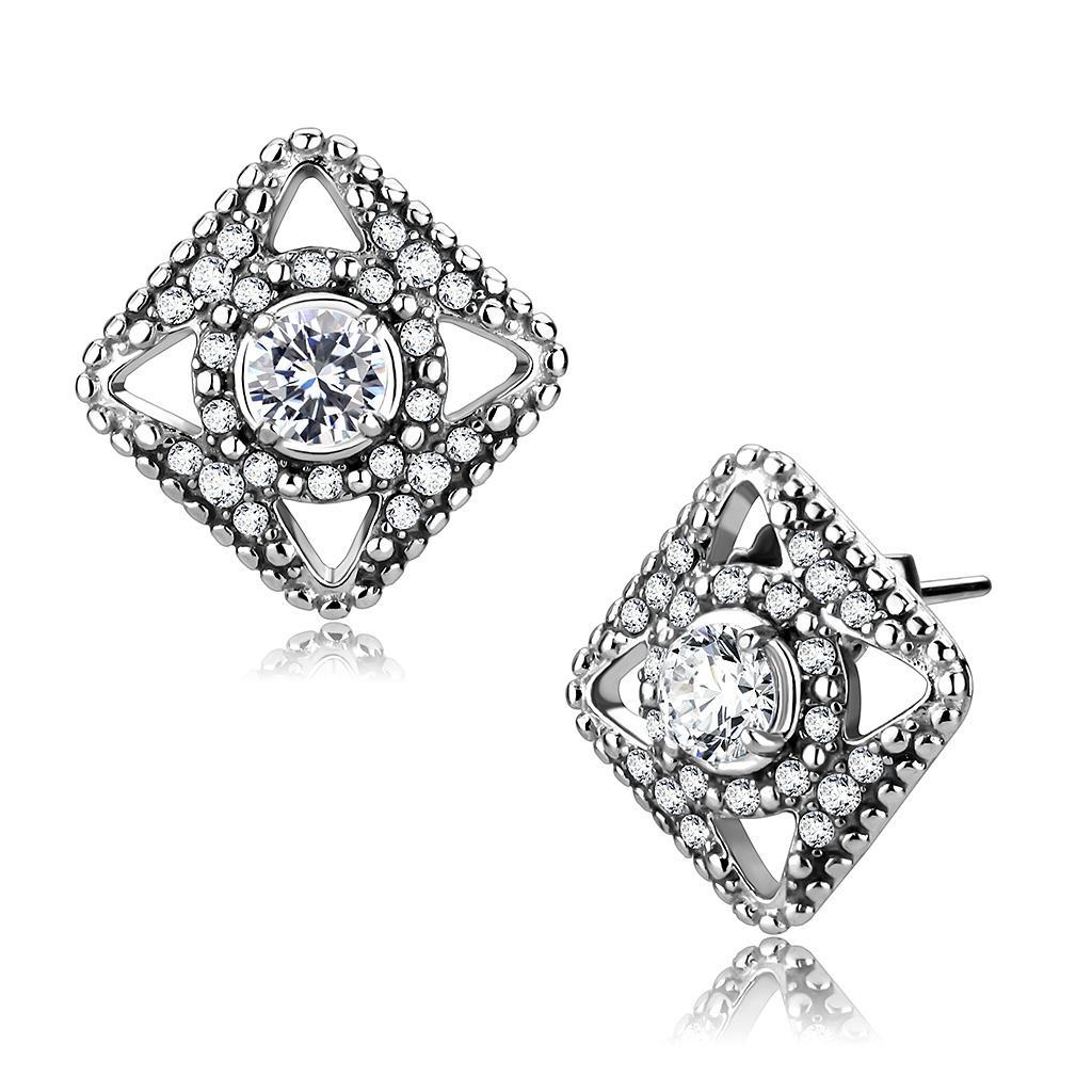 JCE072 High polished (no plating) Stainless Steel Earrings with AAA Grade CZ in Clear