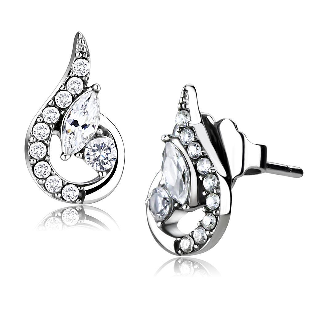 JCE074 High polished (no plating) Stainless Steel Earrings with AAA Grade CZ in Clear