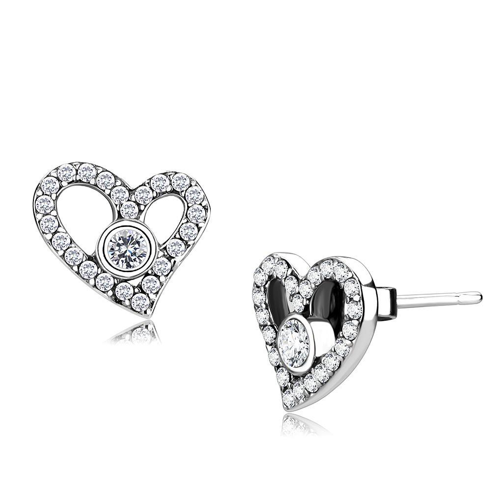 JCE075 High polished (no plating) Stainless Steel Earrings with AAA Grade CZ in Clear