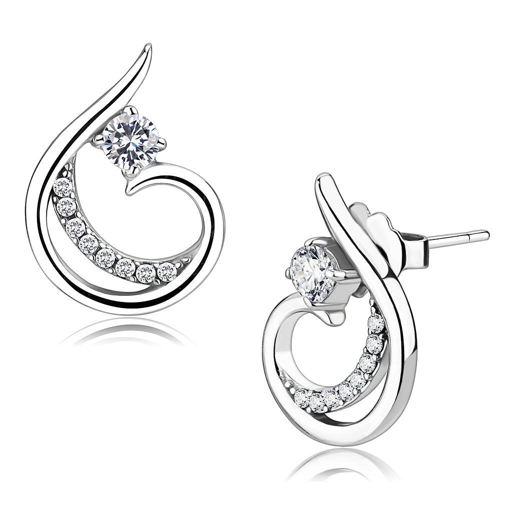 JCE077 High polished (no plating) Stainless Steel Earrings with AAA Grade CZ in Clear