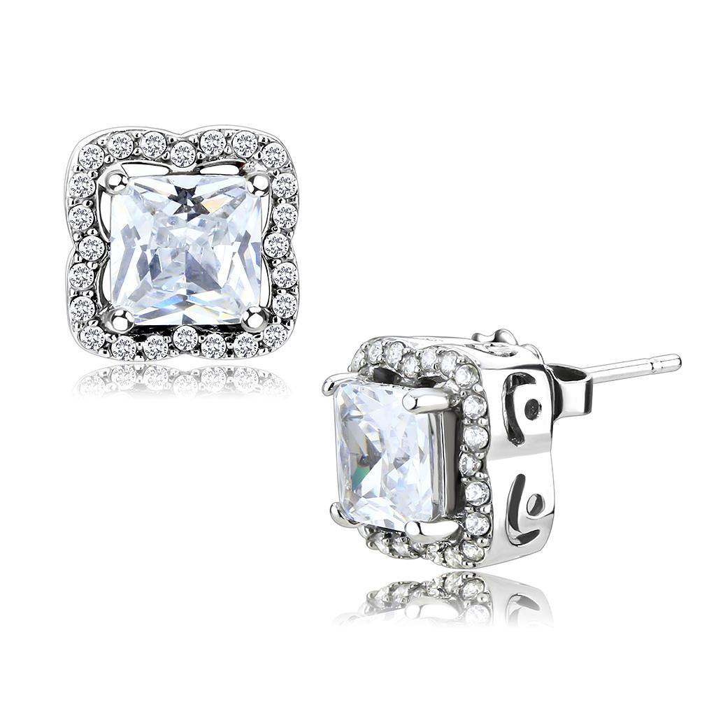 JCE081 High polished (no plating) Stainless Steel Earrings with AAA Grade CZ in Clear