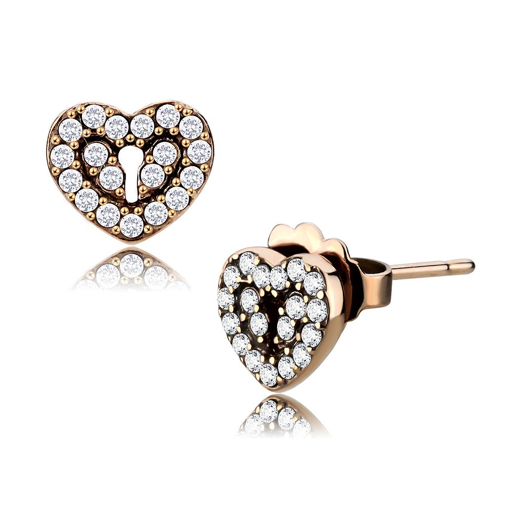 JCE085 IP Rose Gold(Ion Plating) Stainless Steel Earrings with AAA Grade CZ in Clear