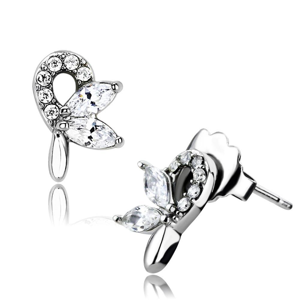 JCE087 High polished (no plating) Stainless Steel Earrings with AAA Grade CZ in Clear